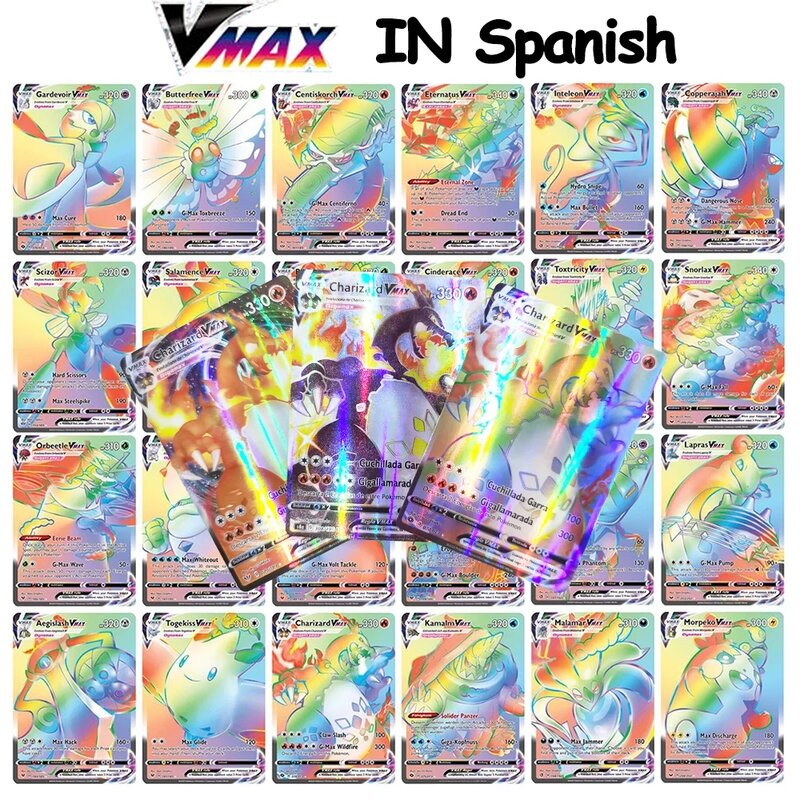 100 قطعة بطاقات البوكيمون في الإسبانية Charizard 30VMAX 30 قوس قزح بطاقة المجسم اللعب أوراق للعب Castellano ألعاب أطفال اسبانية
