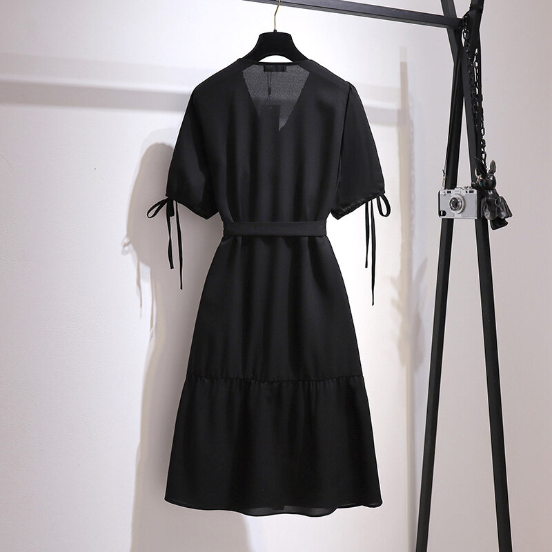 Plus Size Nữ Mùa Hè Váy Đầm Voan Áo Đầm Ngắn Tay Xếp Ly Dây ĐầM Midi Đầm Vestido