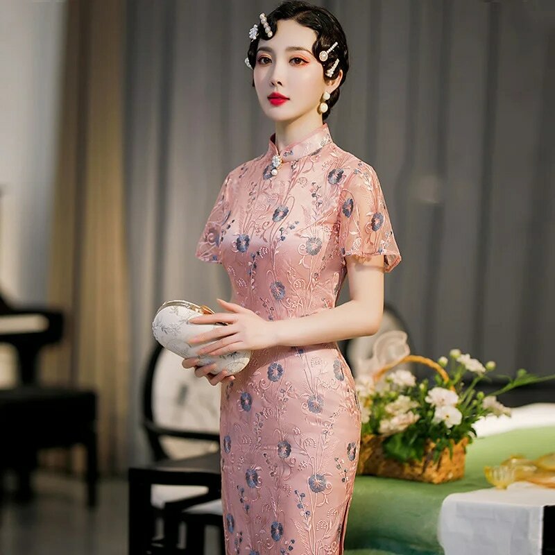 Qipao – robe chinoise en dentelle perlée pour femmes, tenue de mariage, taille haute, style Cheongsam, tempérament amélioré