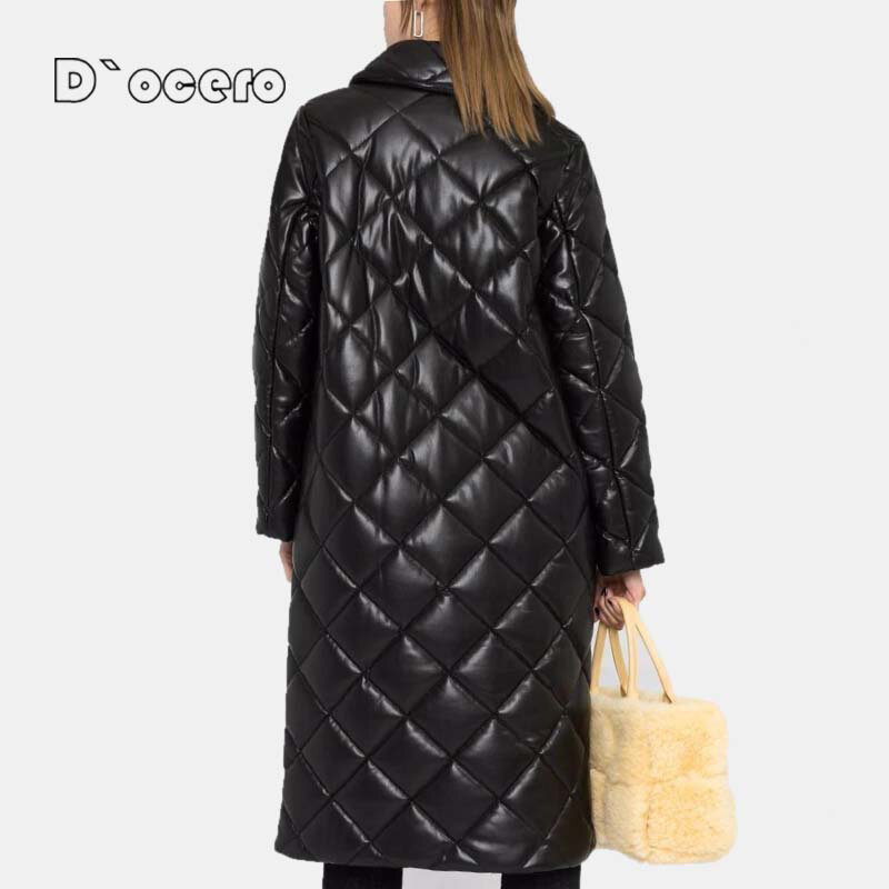 D'OCERO 2021 zima Faux skórzana kurtka kobiety długa, ciepła wiatroszczelna bawełna pikowany płaszcz PU ponadgabarytowych Femme odzieży wierzchniej Parka