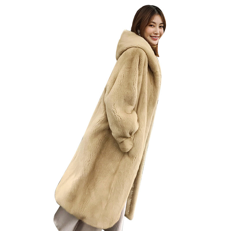 2020 New Fashion Women Long Imitation MinkFur Coat Large Size Casual Luxury Faux Velvet Hooded Warm Winter Jacket