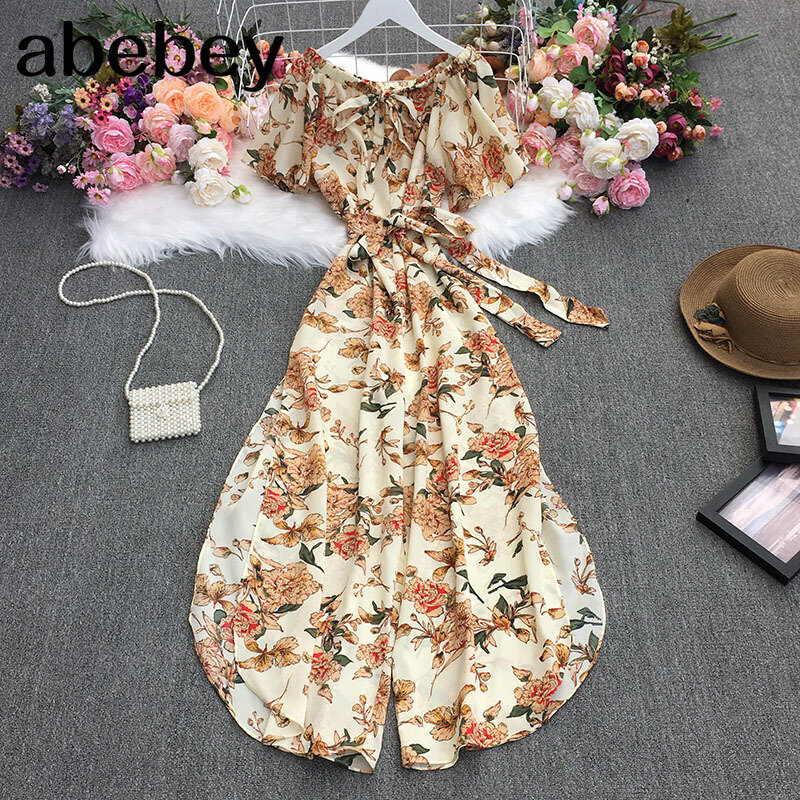 2022 New Summer Temperament All-match lace up Slash neck Jumpsuits waist slim sashes flare split Jumpsuits