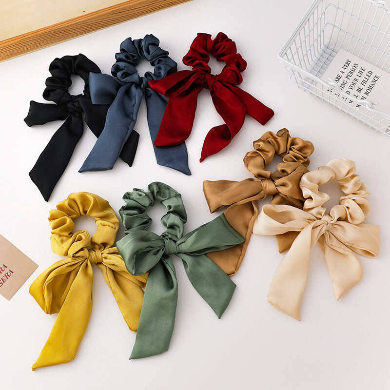 Kokarda długie wstążki jednokolorowe gumki włosy w koński ogon krawaty koreański Scrunchies kobiety dziewczyny elastyczne opaski do włosów nowe akcesoria do włosów