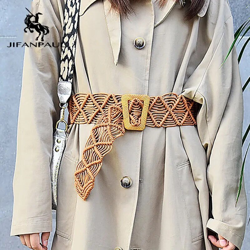 Jifanpaul cinto feminino, fivela quadrada tecido estilo nacional 2020 novo cinto largo