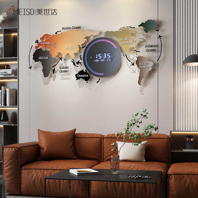 MEISD Jam Dinding Digital Peta Dunia Elektronik Jam Tangan Pintar Dekoratif Besar dengan Termometer Kalender Dekorasi Rumah Horloge Biru F