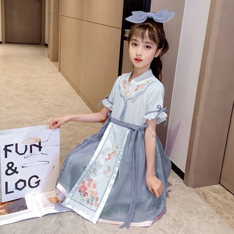 2021 novo verão hanfu menina antiga vestido estilo étnico chinês retro bordado hanfu net gaze saia do meio criança princesa