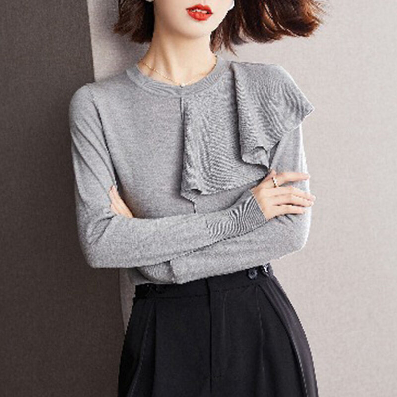 Damski dzianinowy sweter francuska elegancka, z falbanami szwy swetra 2021 jesienno-zimowa moda w stylu koreańskim okrągły kołnierzyk dzianinowy Tshirt