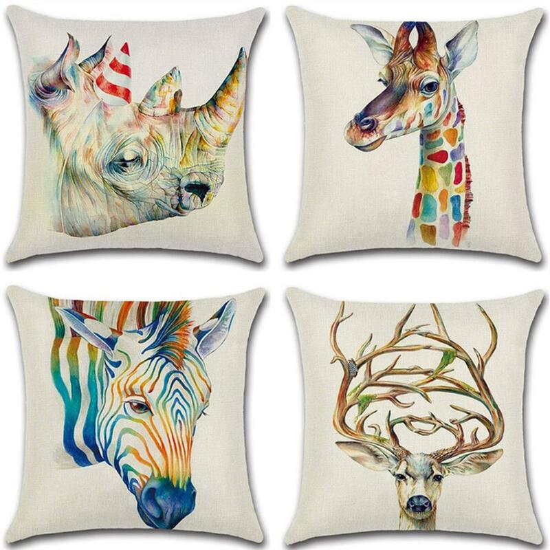 Funda de almohada de lino y algodón con estampado de jirafa, funda de almohada decorativa con diseño de dibujos animados de caballo, kussensloop, ZT259