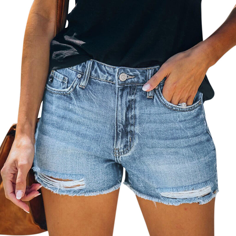 Spodenki damskie DIFIUPA spodenki jeansowe podnoszące tyłek wysoka rozciągliwość zgrywanie frędzle w połowie talii Booty Jeans z kieszeniami przytulne dżinsy krótkie