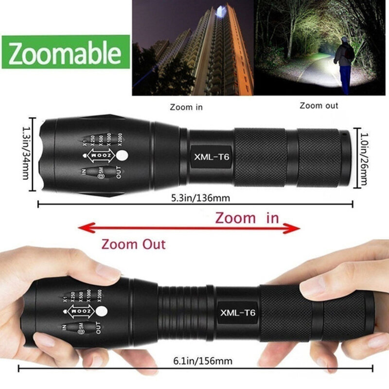 Portable T6 Tactical Military LED Flashlight 980000LM Zoomable 5-Mode Without Battery Outdoor tools