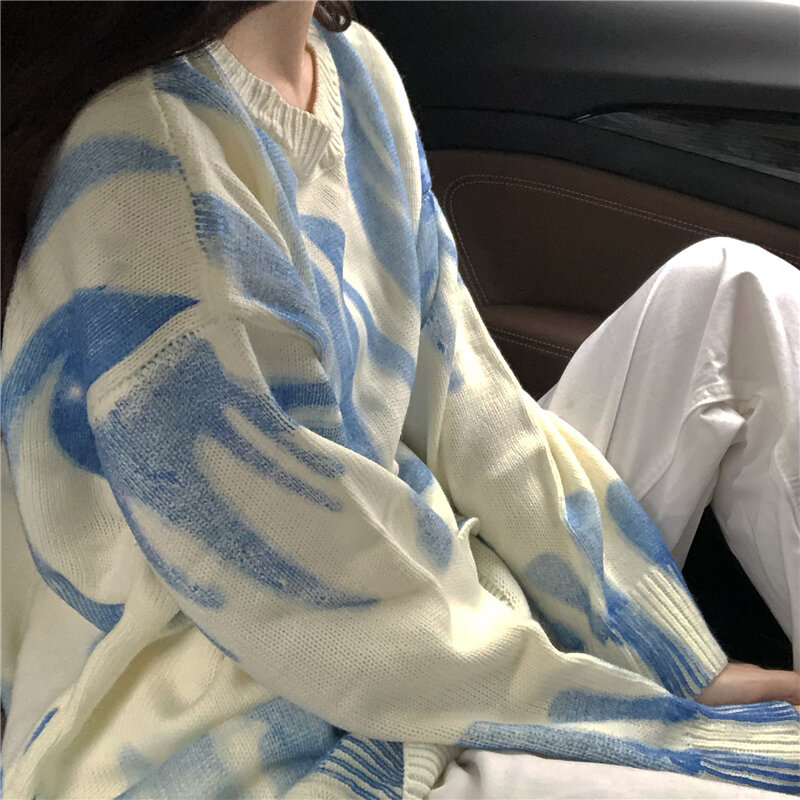 2021 outono e inverno preguiçoso retro o-pescoço spray tintura impressão de mangas compridas solto grosso camisola de malha casaco de jaqueta único-breasted