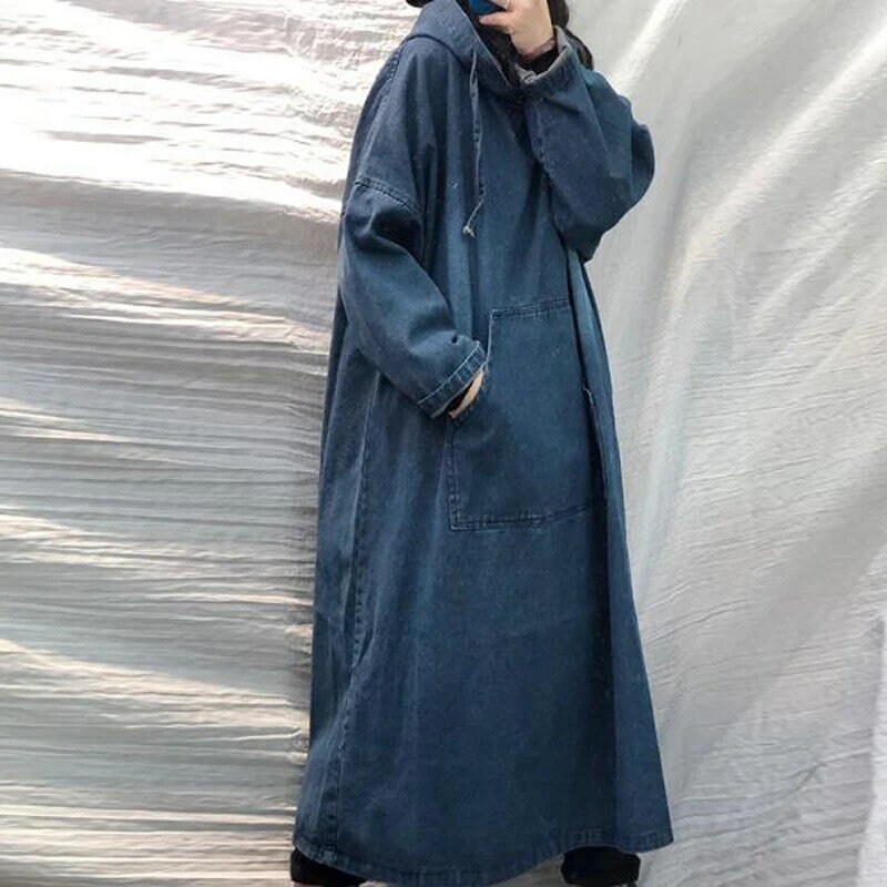 Novas mulheres primavera outono manga comprida denim vestido feminino botão bolso vintage casual baggy senhoras streetwear midi robe 2022