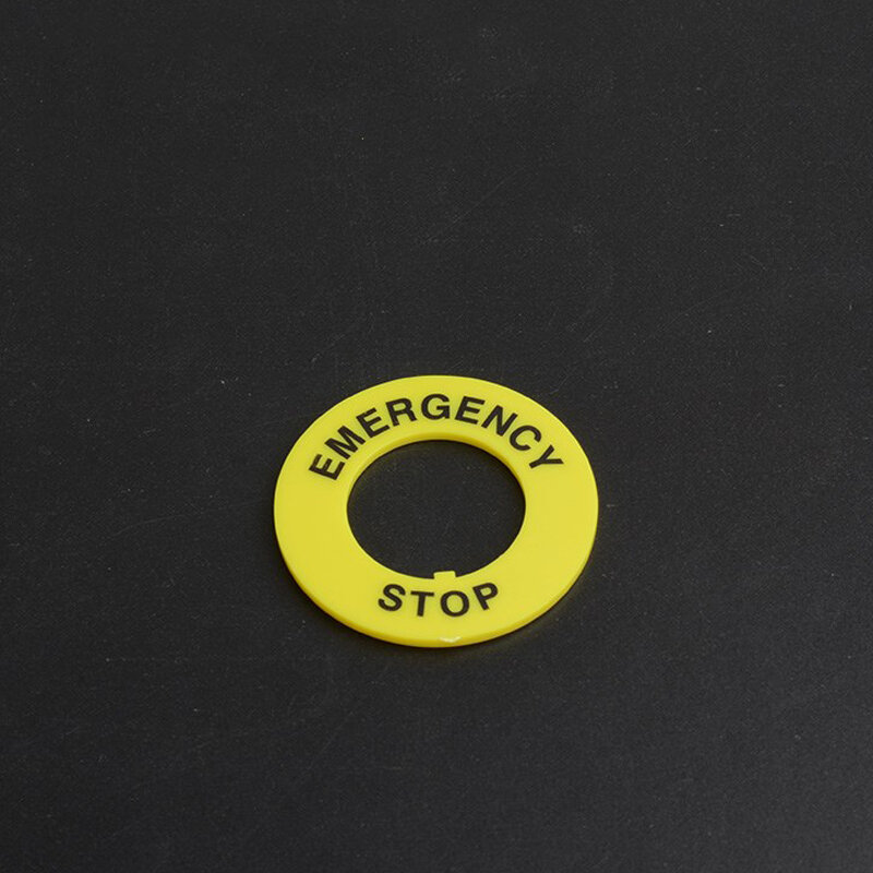 Señal de botón de parada de emergencia de 22mm, placa amarilla, Círculo de advertencia, interruptor de botón de parada de emergencia, señal circular de advertencia