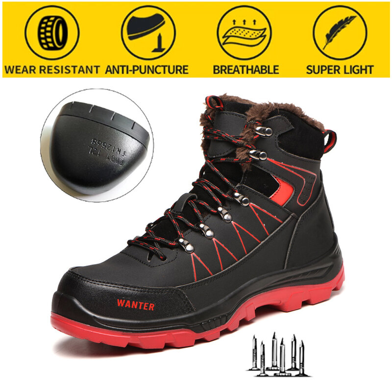 Sapatos de segurança do trabalho masculino, calçados de veludo quentes para proteção do trabalho, anti-esmagamento e anti-perfuração