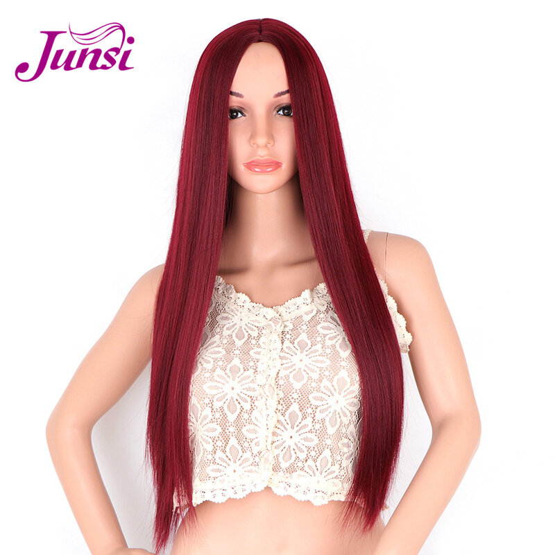 Junsi peruca longa lisa sintética, vermelha para mulheres, linha fina natural, resistente ao calor, fibra de aparência natural