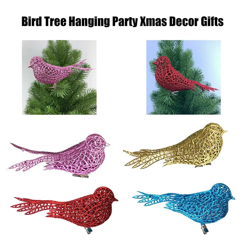 Christmas Ornaments Poinsettia Glitter Bird Tree Hanging Party Xmas Decor Gifts Christmas Pendant Drop Ornaments Red Blue Pink