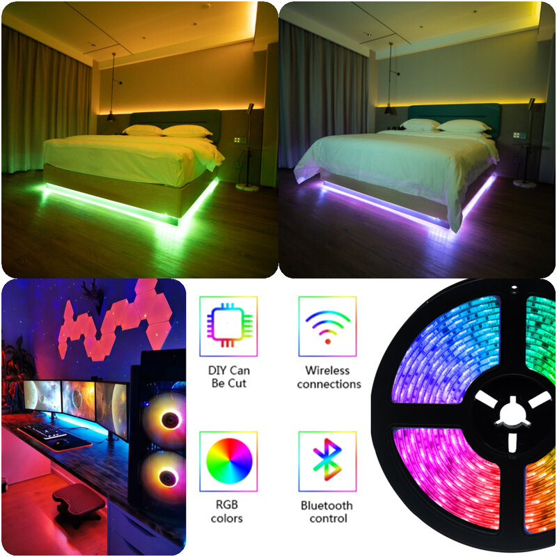 LED Strip Lights Color Changing Waterproof Lamp Flexible Tape Diode Bluetooth RGB 5050 SMD 2835  16.4ft DC 12V For Home
