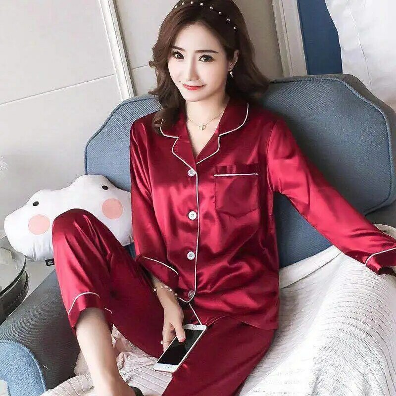 Pajama Sets Silk Satin Pijama for Women Pjs Sleepwear Winter Ladies Long Sleeve Spring Nightwear Femme Homewear Free Shipping