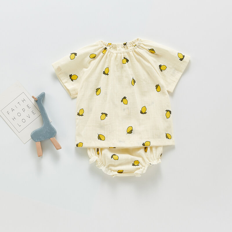 Yg бренд новое летнее детское платье, вишня, лимон Печать дышащий хлопковый топ с короткими рукавами и рюшами для маленьких девочек шорты для...