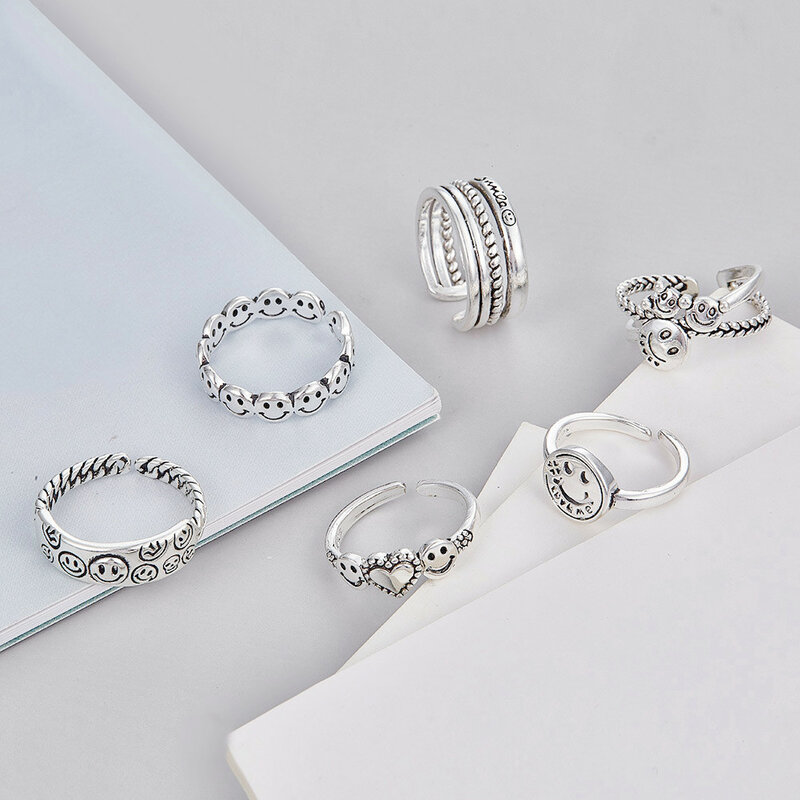 6 Pcs Fijn Zilver Kleur Ring Voor Vrouwen Classic Eenvoudige Opening Vinger Ringen Vintage Mode Sieraden Accessoires Ringen 2021 Trend