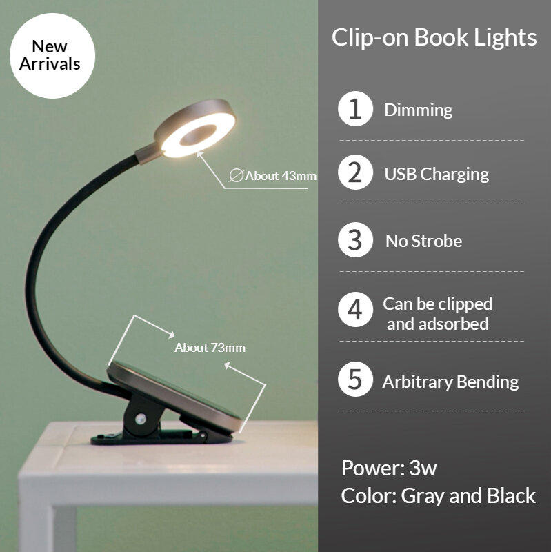 Led Book Light Mini Portable Clip-On Flexible Book Lamp Adsorption Reading Lamp for Travel Bedroom Book Reader