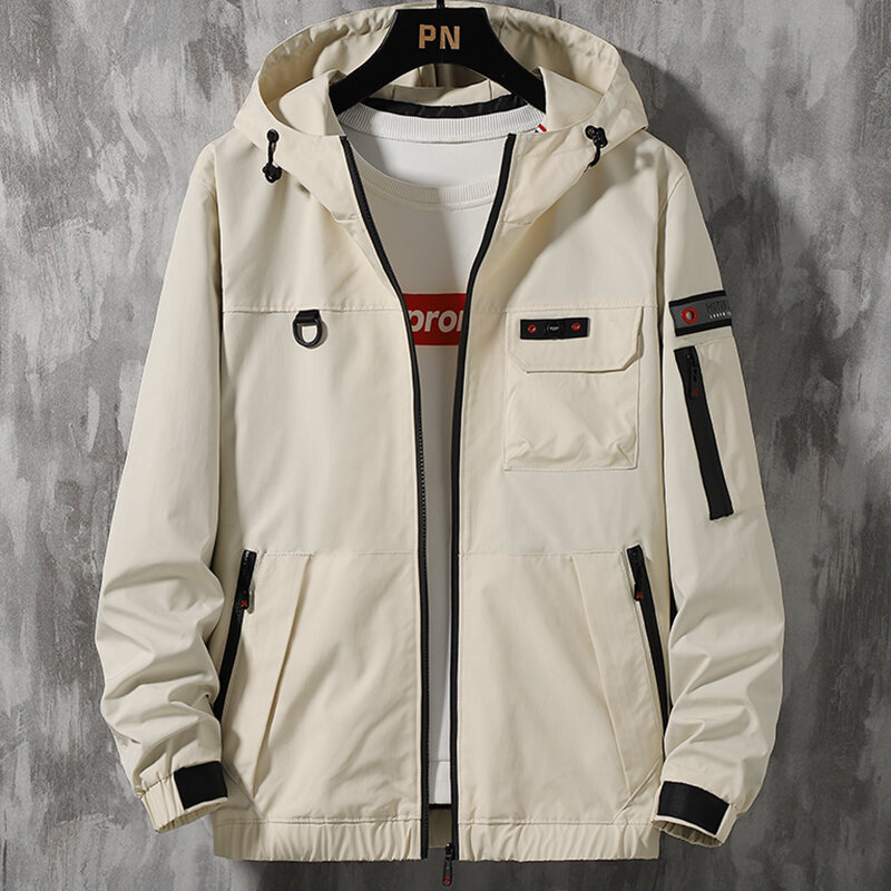 Veste coupe-vent à capuche pour homme, veste multi-poches, manteau d'extérieur, fermeture éclair, grande taille 9XL, printemps automne