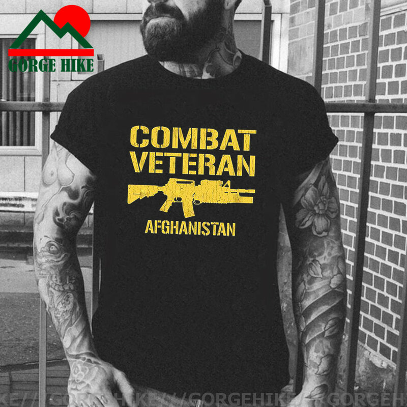 GorgeHike Vintage Distressed Look Combat Veteran Afghanistan Army Men's T-shirt Black White Guns Veteran Men Cotton T-shirt Tops