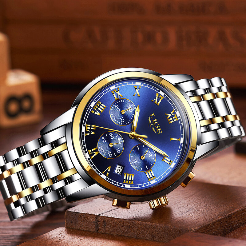 LIGE-럭셔리 크로노그래프 패션 시계 남성용, 비즈니스 방수 풀 스틸 쿼츠 시계 인기 브랜드