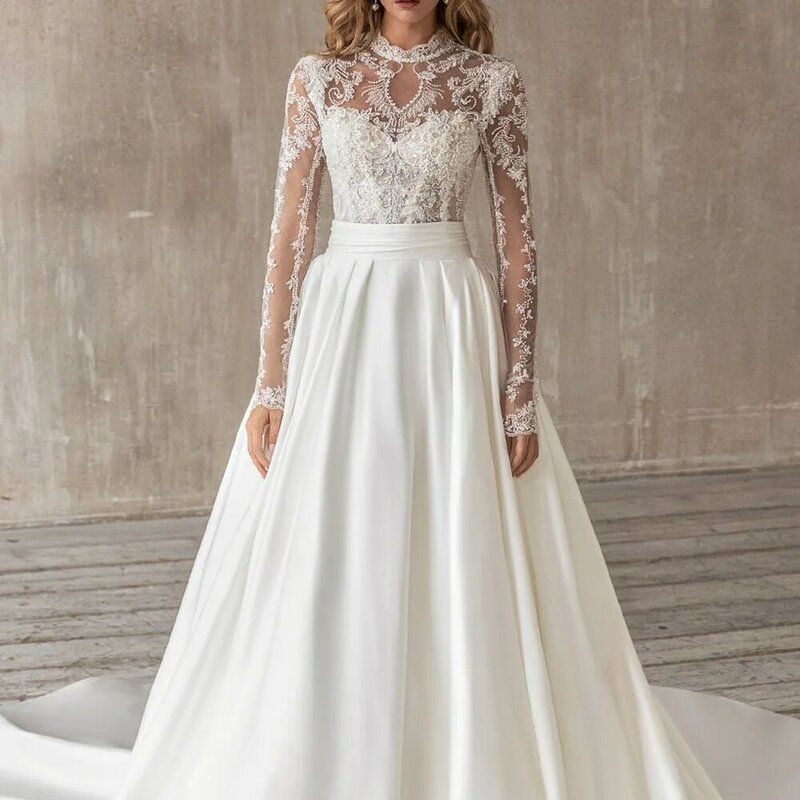 Spring Summer 2021 Western Style Wedding Dress Fashion Temperament Elegant Lace Sexy Perspective High Waist Long Sleeve