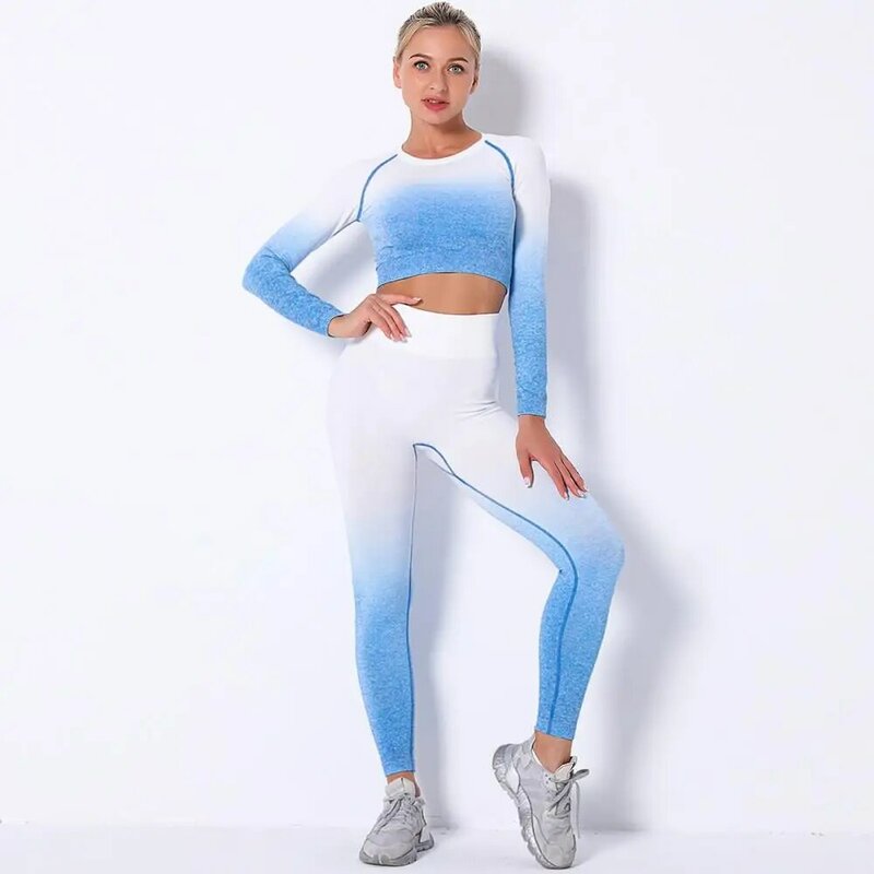 Женский комплект для йоги из 2 предметов, одежда для спортзала, бесшовные леггинсы, женский укороченный топ для йоги с эффектом пуш-ап, спорт...