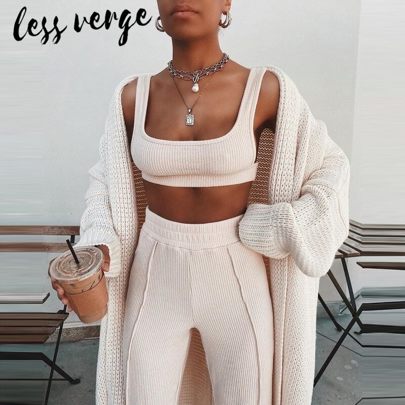 Lessverge-traje de dos piezas de punto para mujer, Pelele de fitness, traje corto sexy, ropa de calle informal, Otoño e Invierno