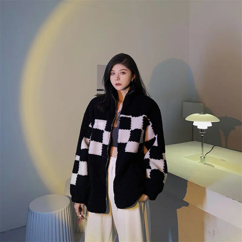 Harajuku Style Tooling Winter Streetwear Lambswool Keep Warm Thicken Checkerboard Splicing Jacket Coat Vintage Zipper Outerweat