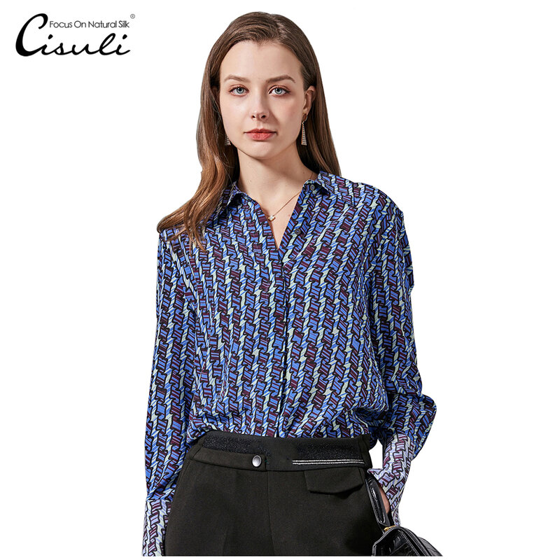 CISULI-camisa de seda Natural para mujer, camisa 100% de seda pura para oficina, Color azul