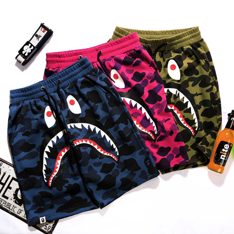 2021 verão bape alta qualidade cabeça de tubarão rua alta terry capris camuflagem calças harajuku esportes shorts impresso roupas