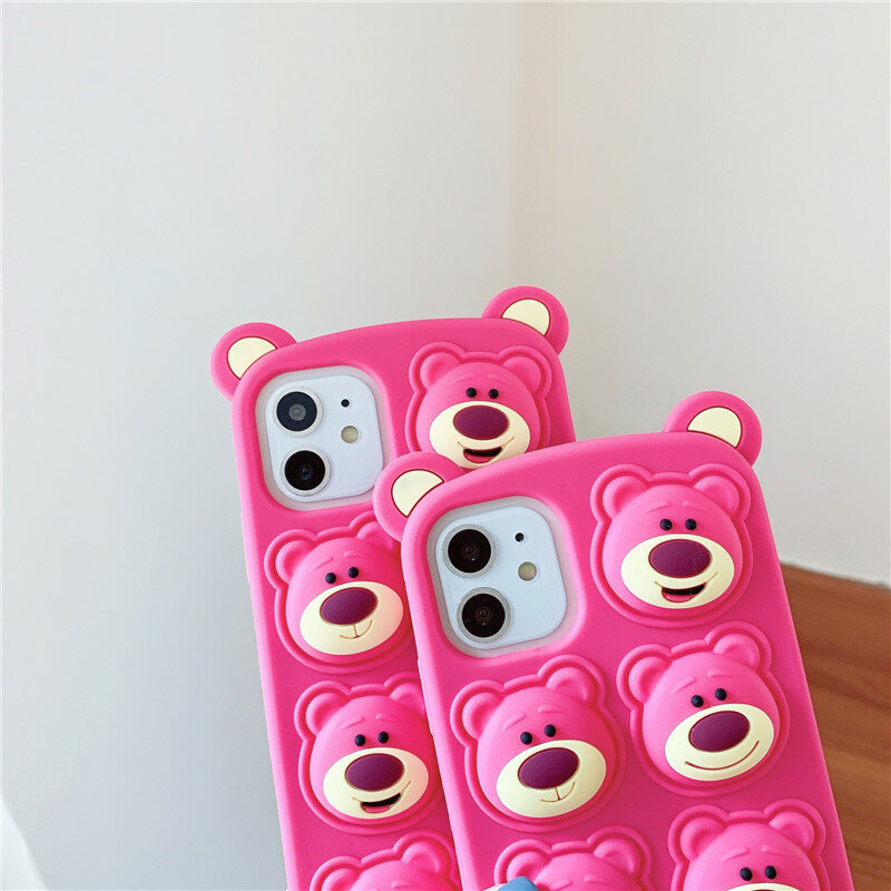Funda de silicona suave con dibujo de oso de fresa rosa para iPhone, carcasa protectora contra el estrés para iPhone 12 11 Pro Max X XS Max XR 7 8 Plus