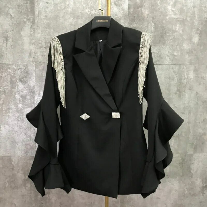 Primavera jaqueta feminina plissado manga beading blazer solto feminino senhoras casaco de escritório franja strass ternos outwear ropa de mujer
