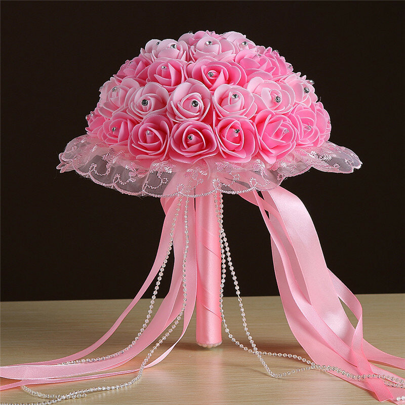 Bouquet da sposa nastro perline schiuma fiori rose bianche Bouquet multicolore 2021 nuovo Bouquet da sposa
