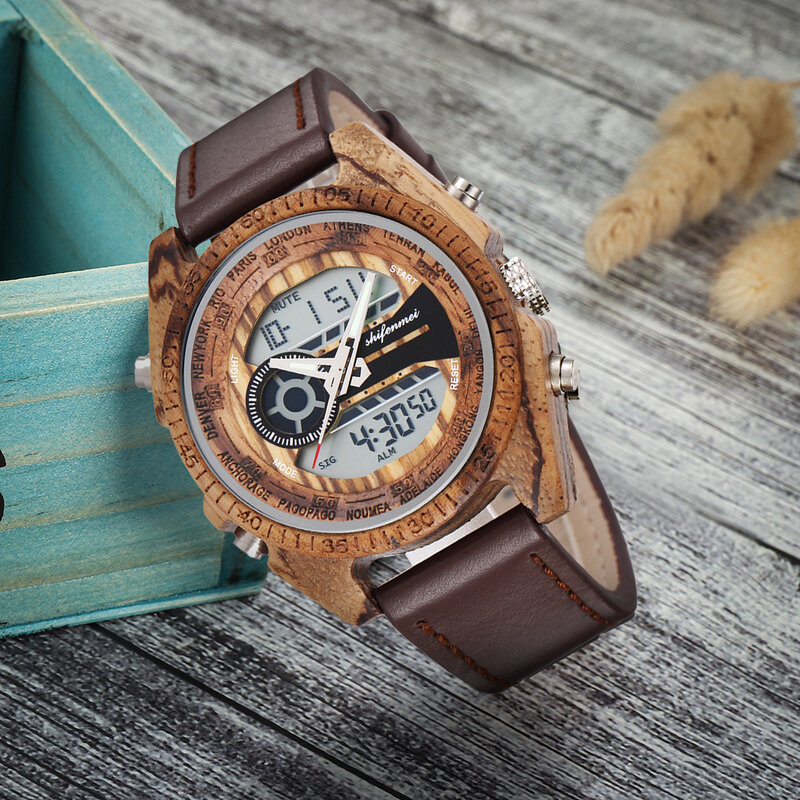 Shifenmei męskie zegarki Top marka drewniany zegarek mężczyźni sport cyfrowy skórzany pasek do zegarka mężczyzna zegar 2020 drewniany zegarek męski