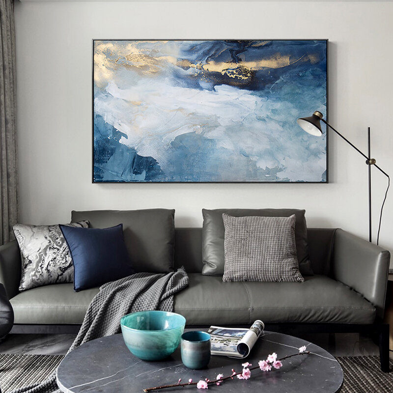Poster de arte abstrato moderno em tela de rio, folha de ouro, quadros azuis para sala de estar, quarto, poster de parede, decoração de casa