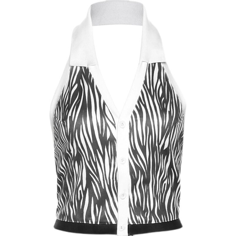 Camisola con patrón de cebra para mujer, chaleco fino y Sexy versátil para verano, con cuello tipo Polo, espalda abierta y sin mangas, 2021