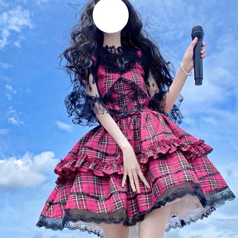 Vestido japonês gótico de princesa jsk, harajuku, vintage, xadrez, sem mangas, renda, feminino, diablo, kawaii, cosplay, vestidos de festa