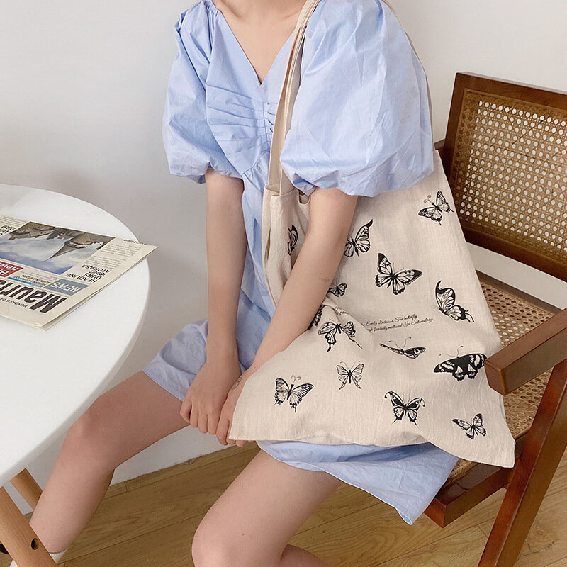 Cotton Linen Women Canvas Shopping Bags Eco Friendly Shoulder Bag Large Capacity Vintage Handbag Tote Butterfly Sailing Print