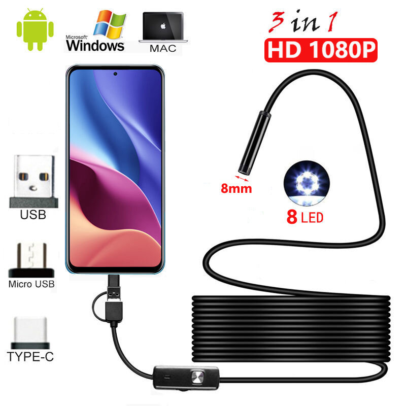 1080P Newest USB Snake Inspection Camera 2.0 MP IP68 Waterproof USB Type-C Endoscope with 8 LED for Samsung Huawei Xiaomi PC