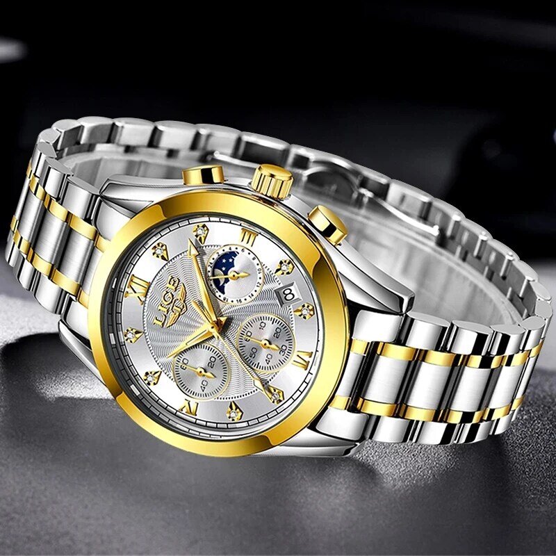 Lige relógio masculino luxuoso de aço, à prova d'água esportivo de quartzo com cronógrafo e data