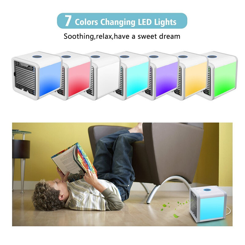 Mini ar condicionado caseiro com LED em 7 cores, cooler caseiro portátil USB, ventilador de refrigeração para espaço pessoal