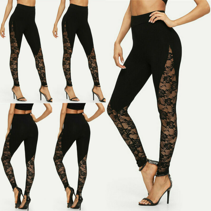 Pantalones de cintura alta con encaje Floral para mujer, mallas negras recortadas con Panel lateral, ropa de talla grande, pantalones de retazos
