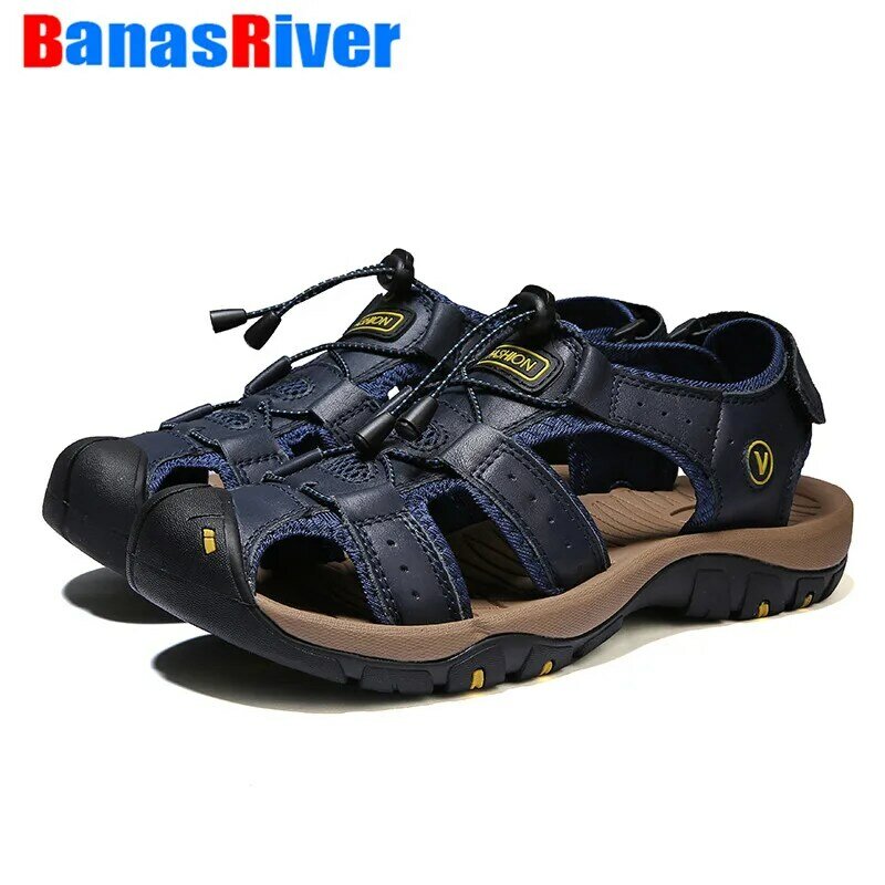 Skórzane buty męskie letnie odkryte buty spacerowe na niskim obcasie sandały w dużym rozmiarze modne pantofle rzymskie sandały plażowe Sandalias Hombre