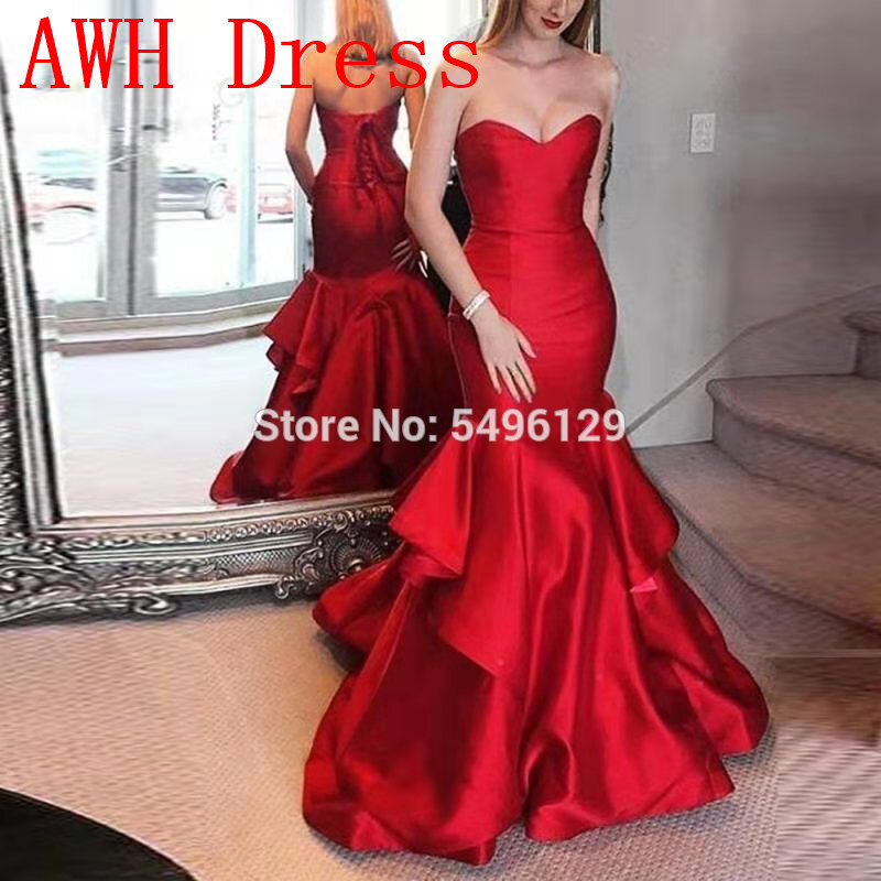 Robe De bal sirène en Satin rouge, jupe à volants, épaules dénudées, tenue De mariage