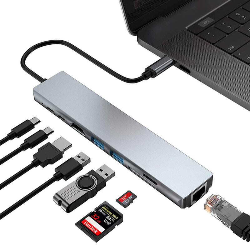 USB Type-C Hub To 4K HDMI RJ45 USB SD/TD Card Reader PD Fast Charge 8-in-1 Multifunction Adapter For MacBook Pro