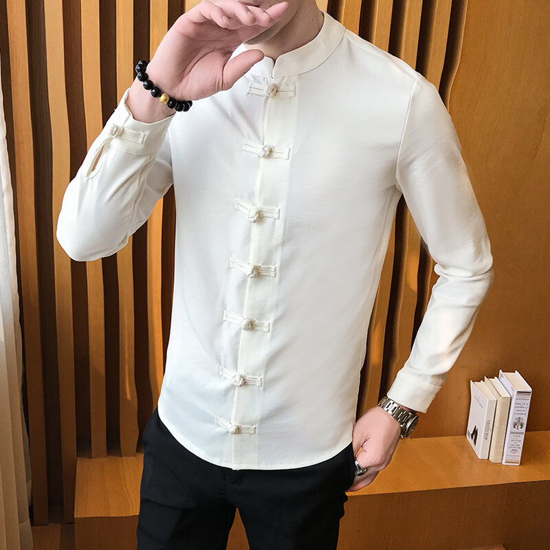 Camisa de manga larga ajustada para hombre, ropa de estilo chino, ropa de oficina Social, cuello mandarín, primavera 2021